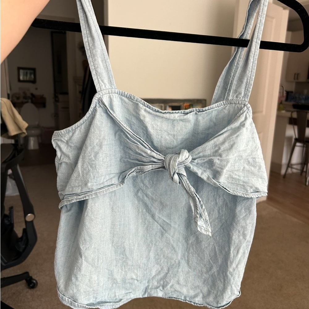 Light Blue Tie-Front Linen Blend Cami Top